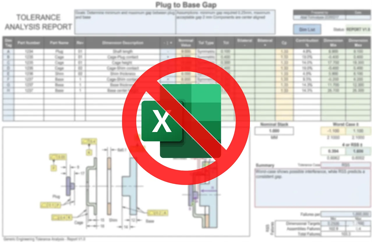 Spreadsheet-style tolerance analysis report with a red prohibition symbol over it, illustrating moving beyond spreadsheet-only stackups.