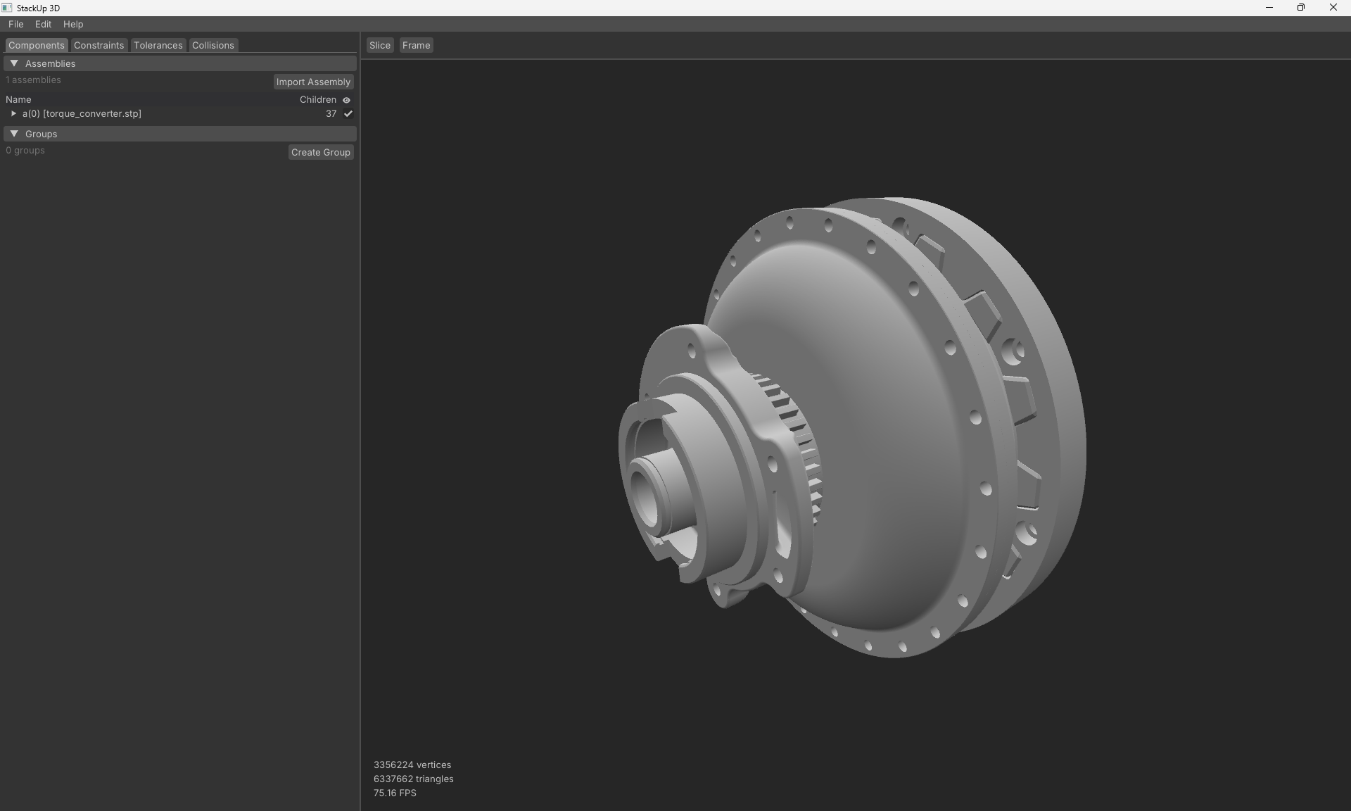 StackUp 3D import workflow showing selected component groups in a mechanical assembly.