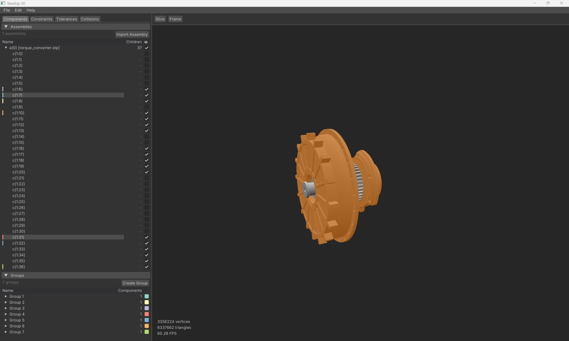 StackUp 3D interface highlighting a selected component group on a cylindrical assembly.