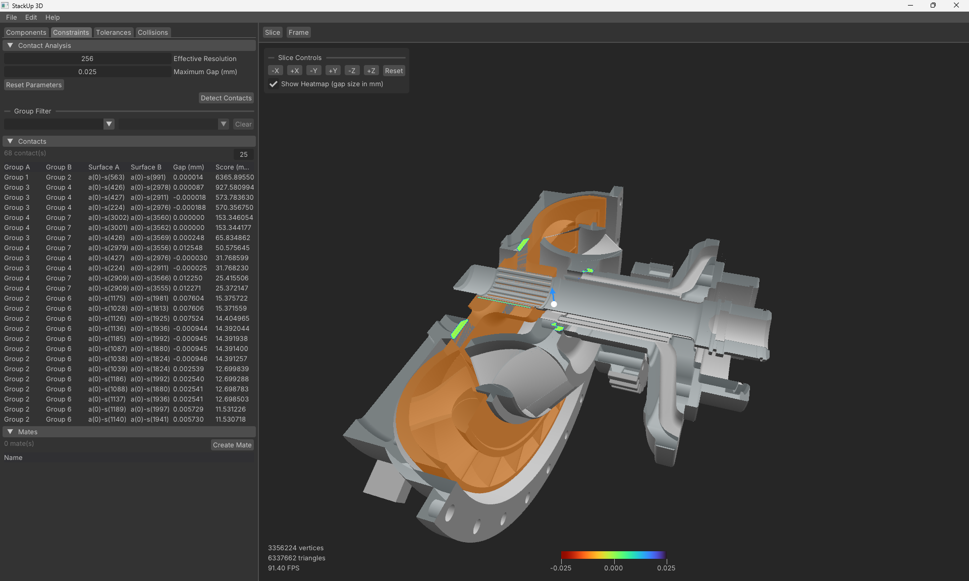StackUp 3D model showing selected contacting surfaces used for mate setup.