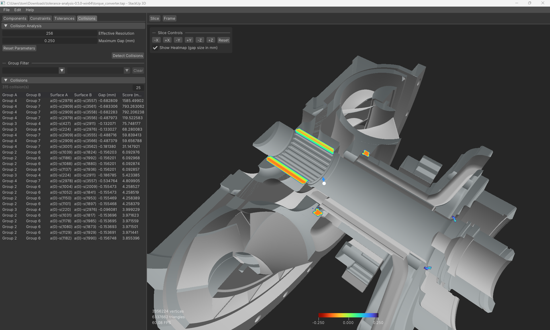 StackUp 3D heat-map visualization showing interference risk on an assembly surface.